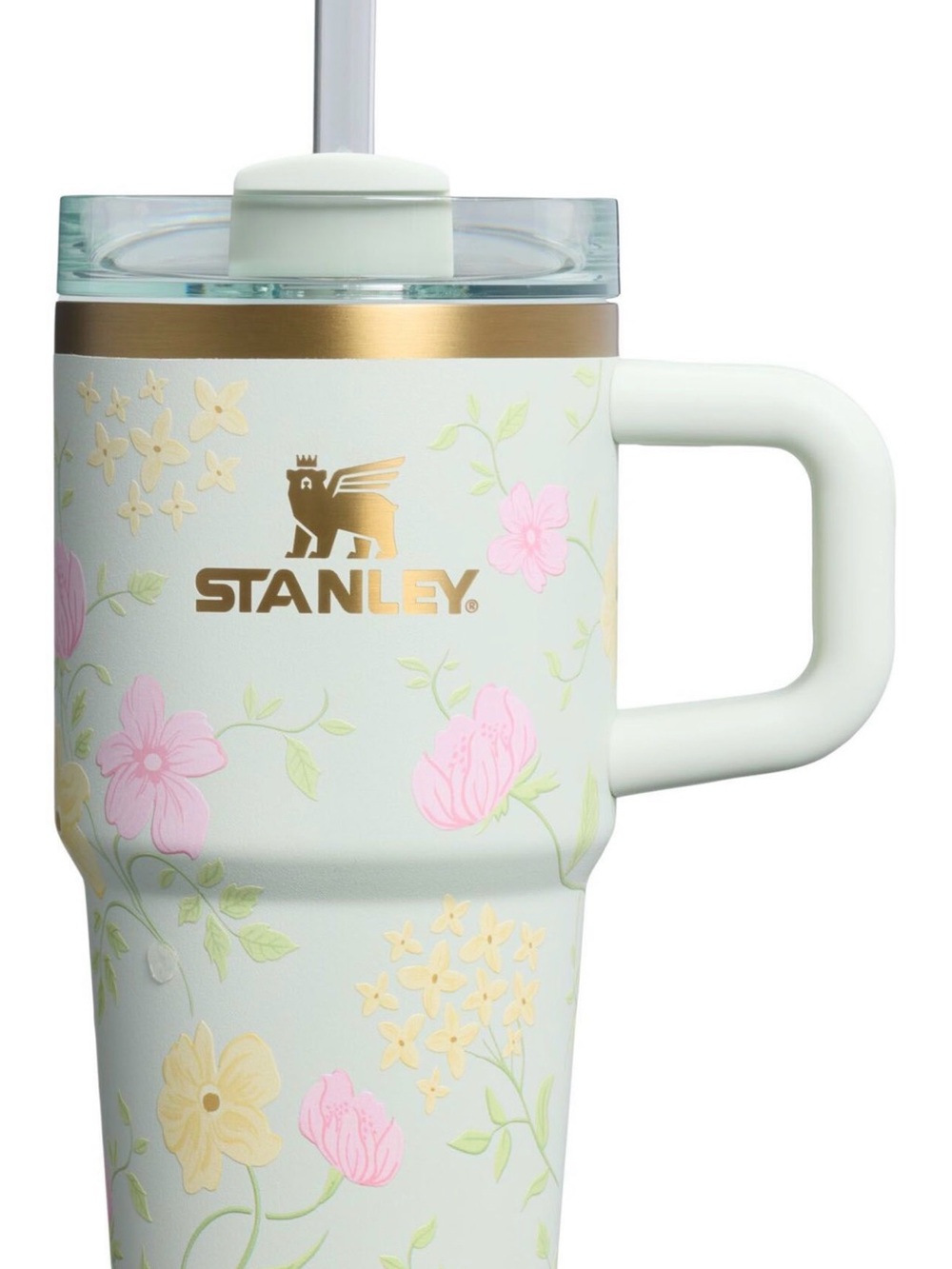 Stanley Floral Travel Mug - Mint Green with Pink & Gold Accents